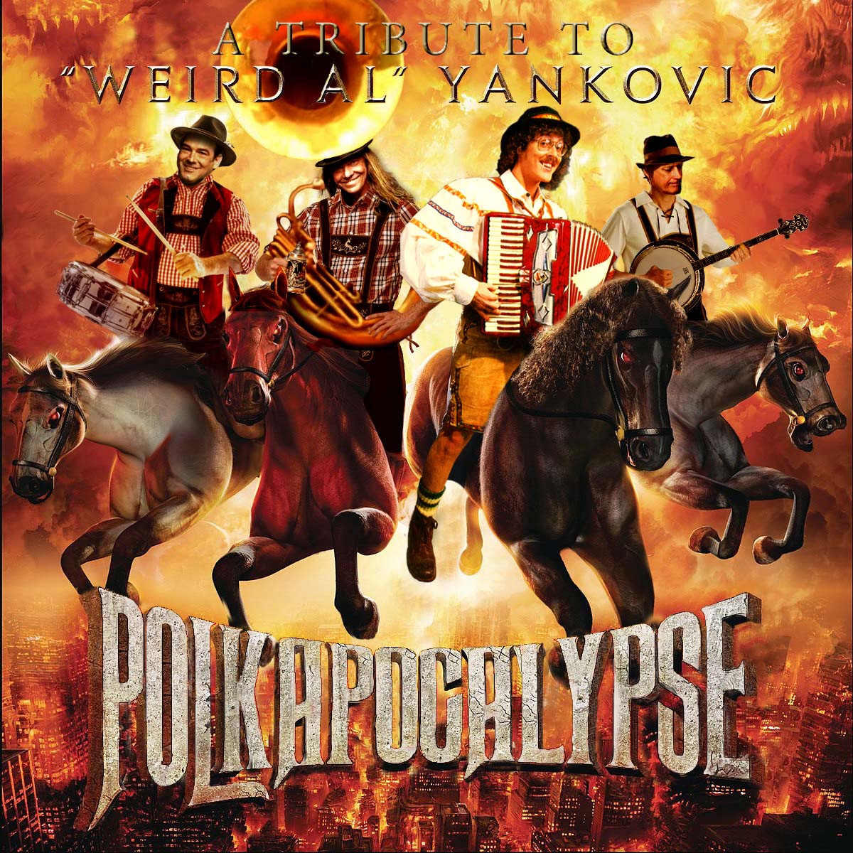 An album cover featuring "Weird Al" Yankovic and his band as the Four Horsemen of the Apocalypse
